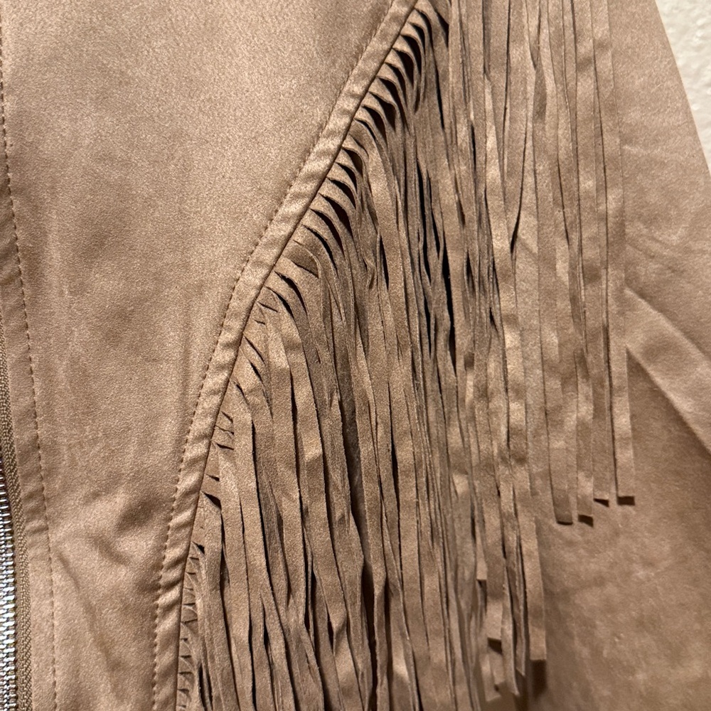 Western Tan fringe cropped moto zip jacket faux suede with belt women’s MEDIUM - Picture 8 of 15